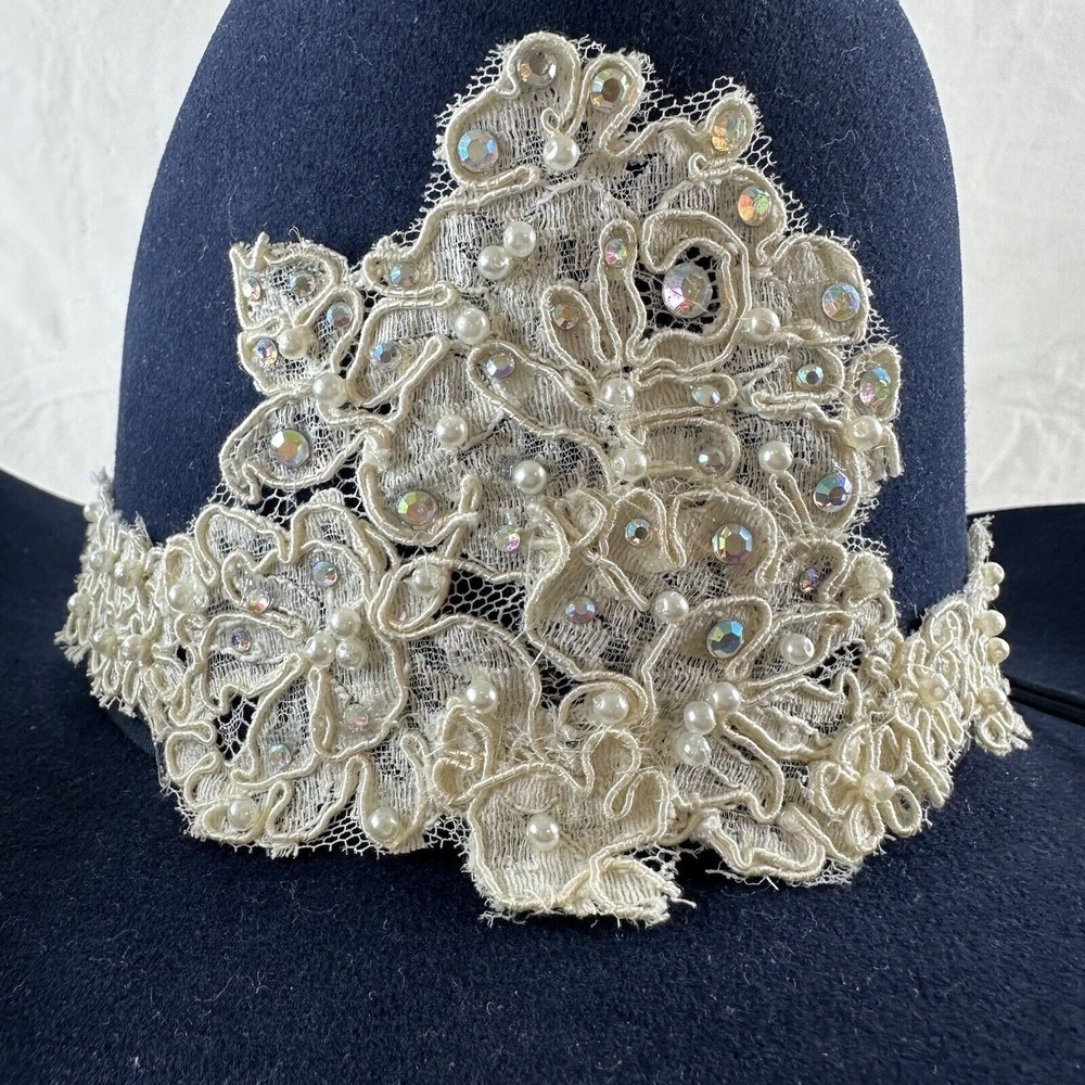 Vtg American Hat Company Co Cowboy Hat Sz 7 Maxi-felt Navy Blue Wedding Appliqué - Picture 2 of 11